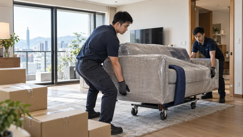 搬運人員為沙發做好防護，使用推車搬運